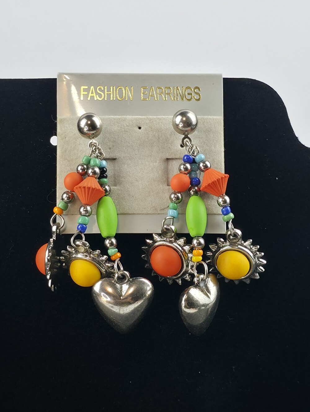 Vintage 1980s Neon Dangle Earrings Hearts Beads Statement Memphis Style